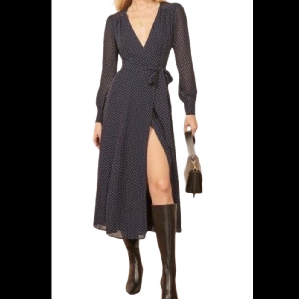 Reformation Navy Polka Dot long sleeve Wrap Dress Medium